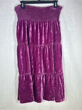 VTG 90s Work to Weekend Purple Crushed Velvet Tiered Midi Skirt Smocked 4